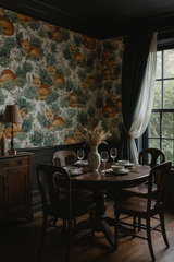 Patterned wallpaper with succulent and fox design featuring a neutral background.
