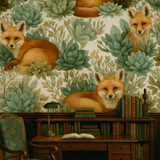 Succulent Scouts Wallpaper featuring fox patterns and green plants, above a vintage desk with books and a lamp.
