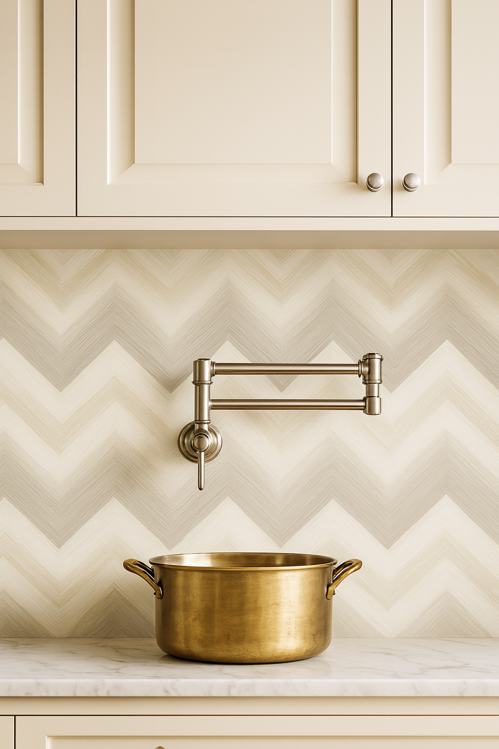Sand Whisper wallpaper with herringbone pattern, neutral tones, and subtle texture.

