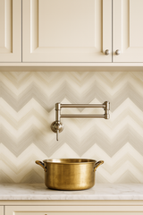 Sand Whisper wallpaper with herringbone pattern, neutral tones, and subtle texture.

