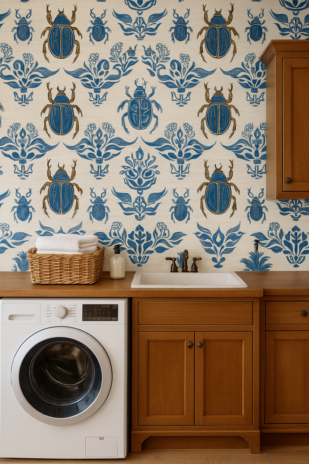 Scarab and silk wallpaper with blue beetles and floral design.