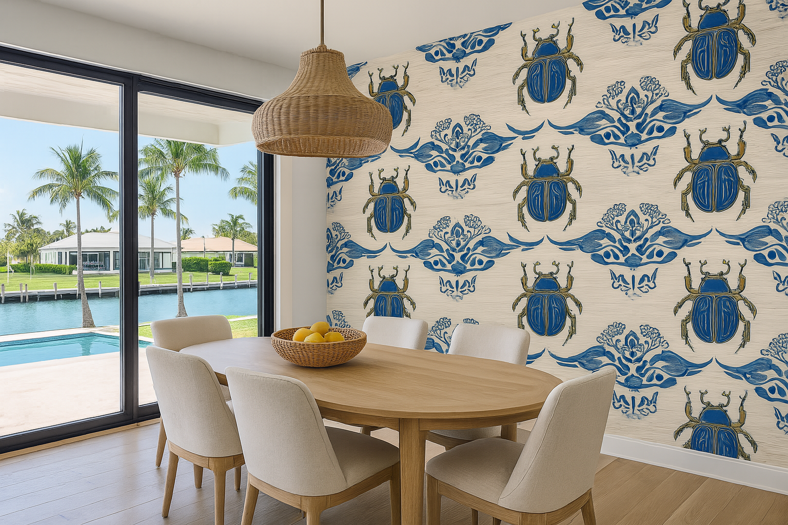 Scarab and silk wallpaper with blue beetle pattern on a neutral textured background.