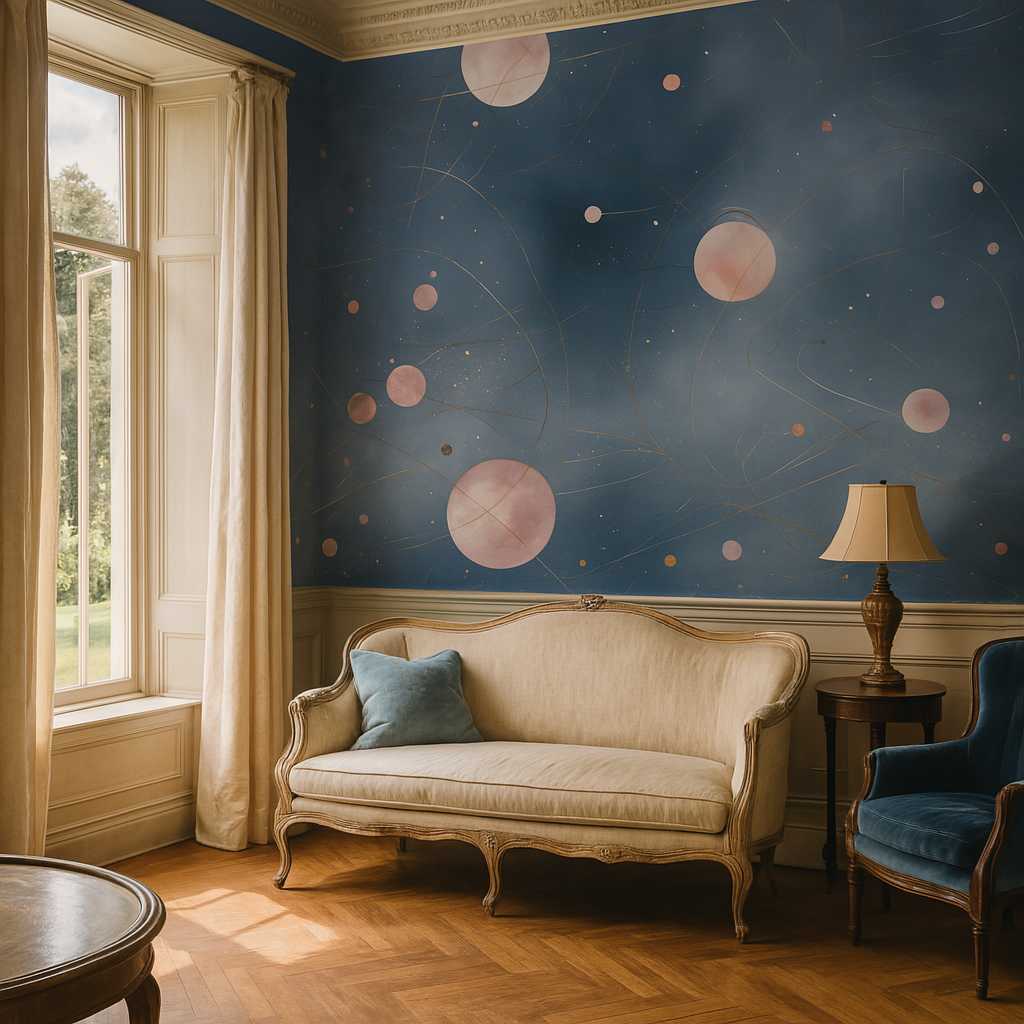 Lunar Threads wallpaper with circle and line pattern on a blue background.
