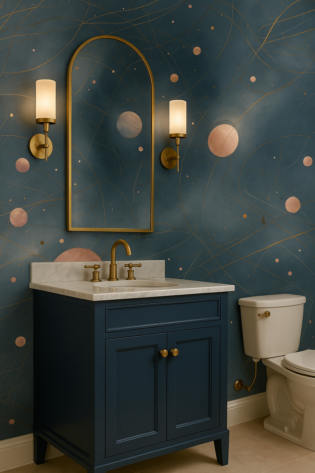 Lunar Threads wallpaper with celestial pattern on a blue background.
