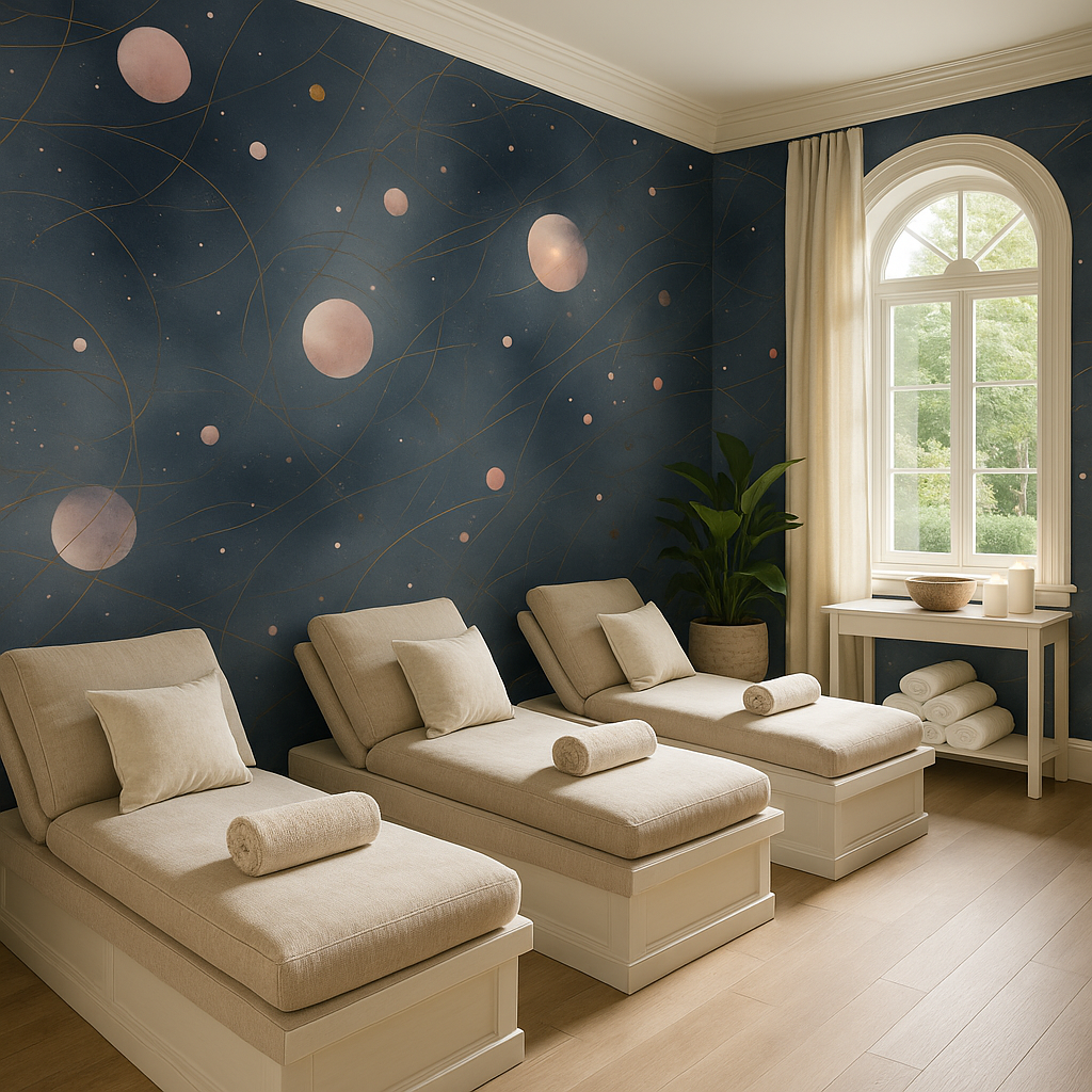 Lunar Threads Wallpaper with a cosmic pattern and warm gold accents.
