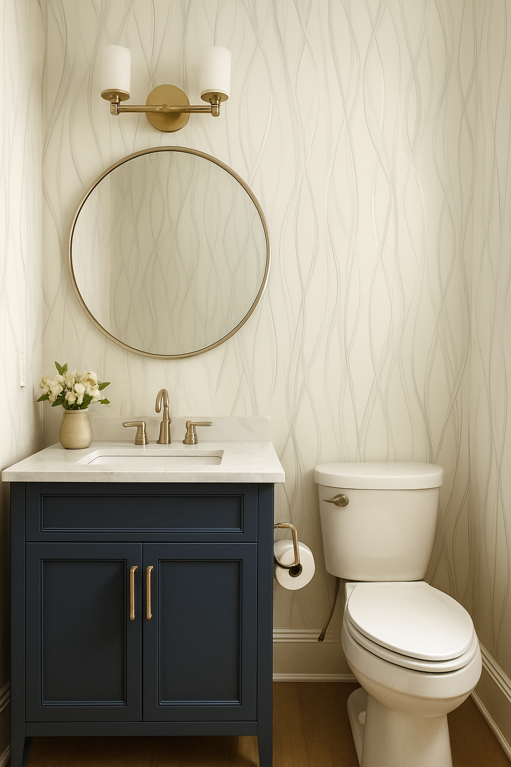 Whisper Veil wallpaper with wave pattern, showcased in a bathroom with a vanity, round mirror, and toilet.
