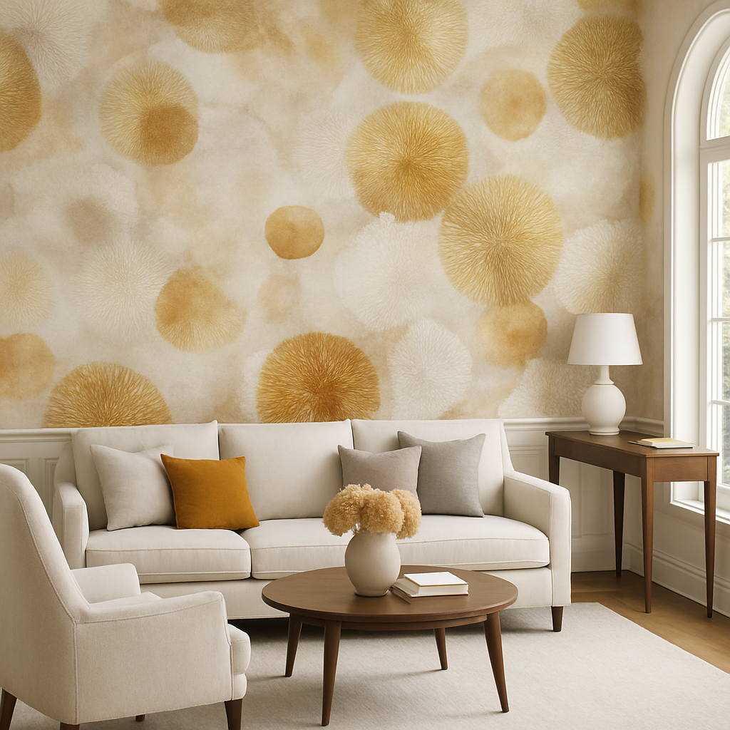 Sunspore Bloom Wallpaper with abstract floral pattern over watercolor background.
