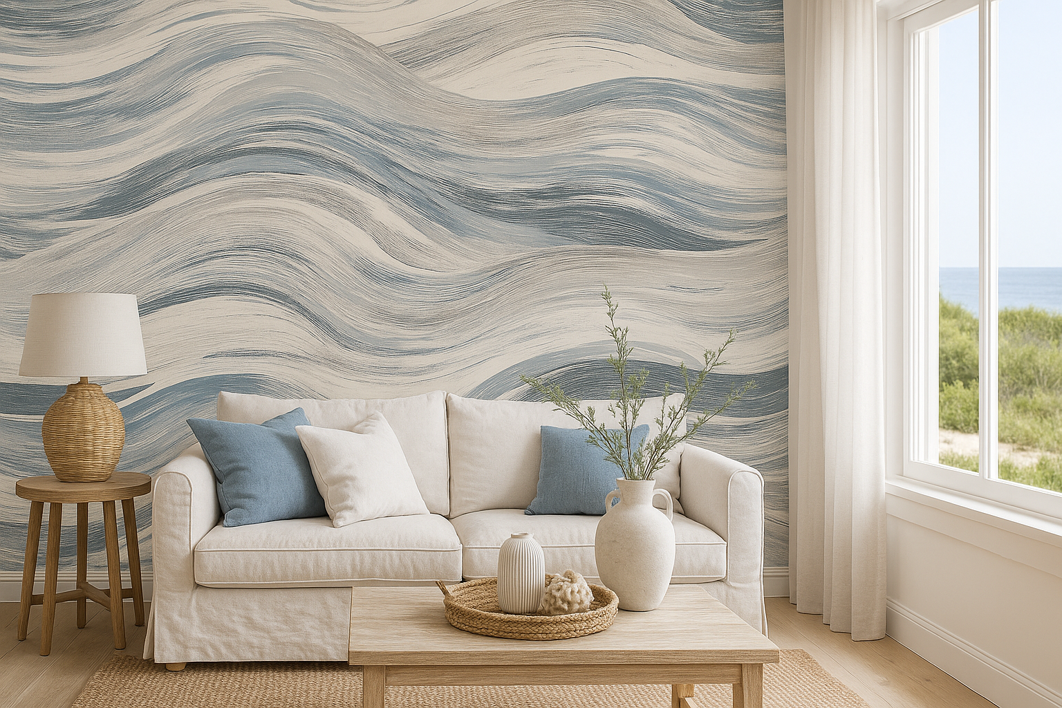 Blue wave wallpaper by Wallshoppe with brushstroke pattern in a coastal-styled living room.
