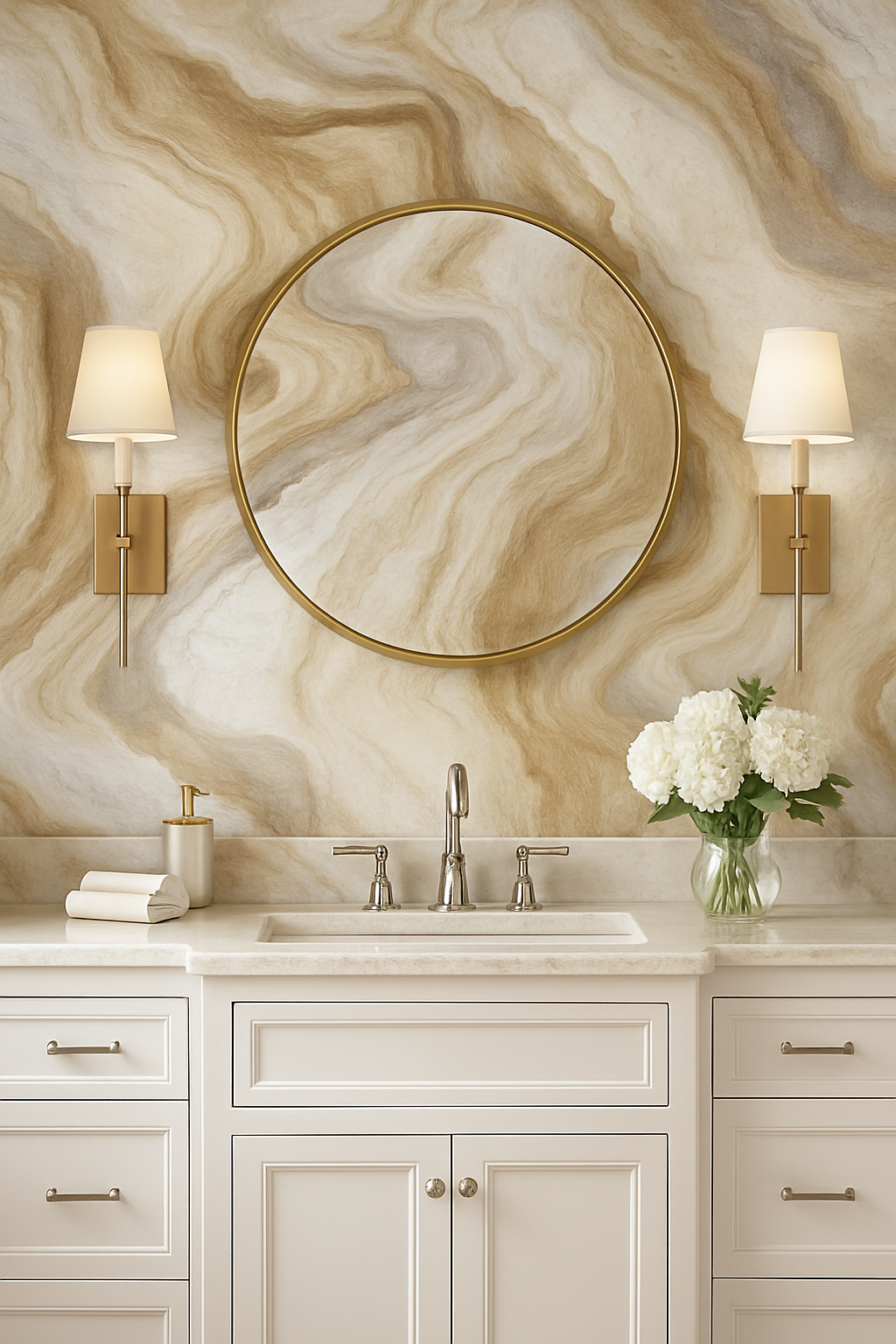 Desert onyx vein wallpaper with beige and brown marbling.
