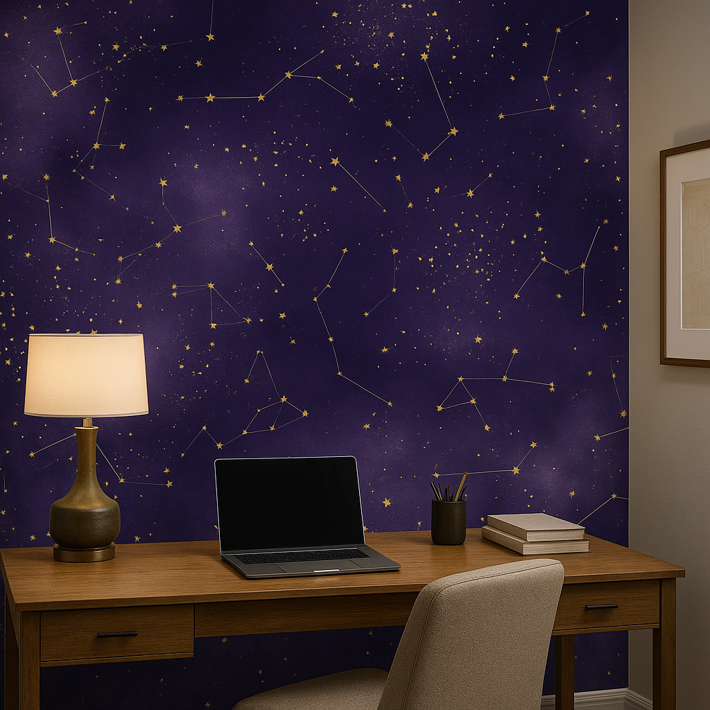 Starspell wallpaper with gold constellations on a navy background.