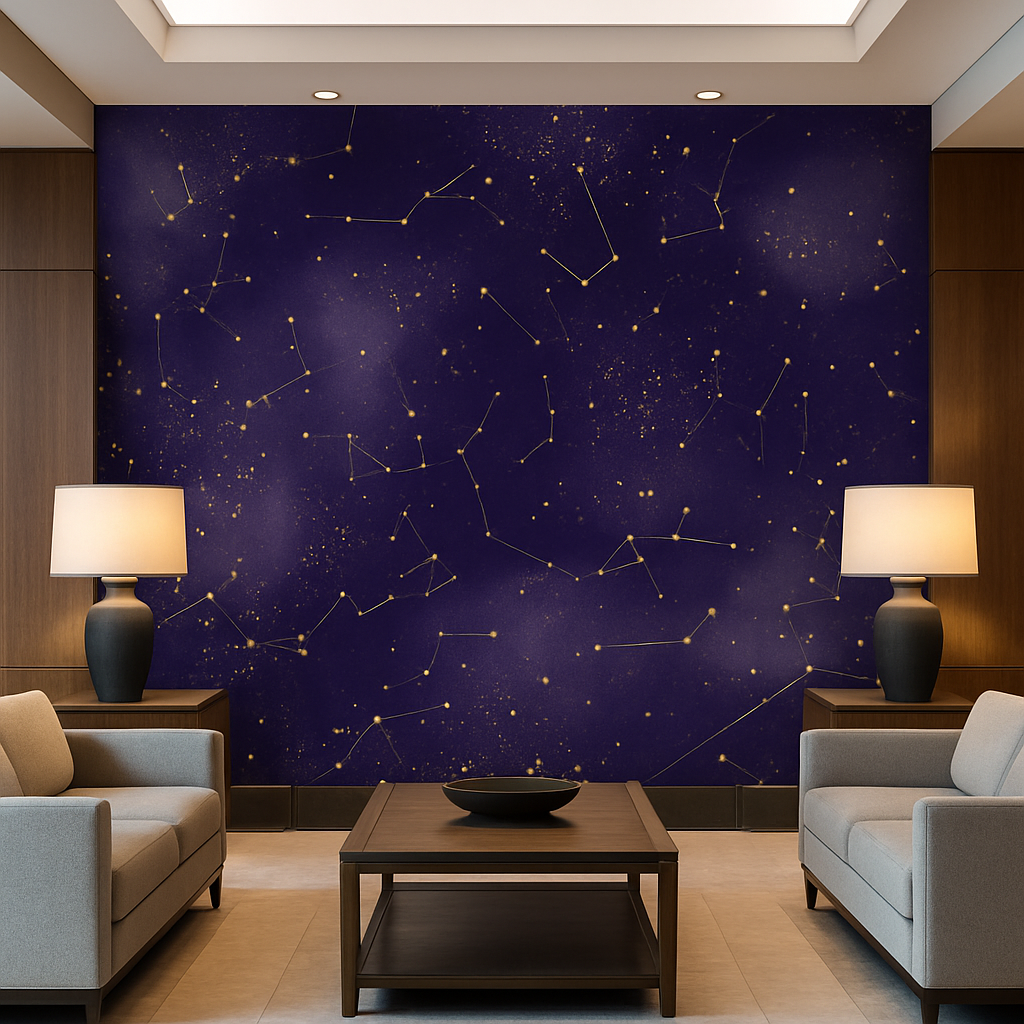 Starspell wallpaper with navy and gold constellations, a celestial-themed pattern on a textured wall.