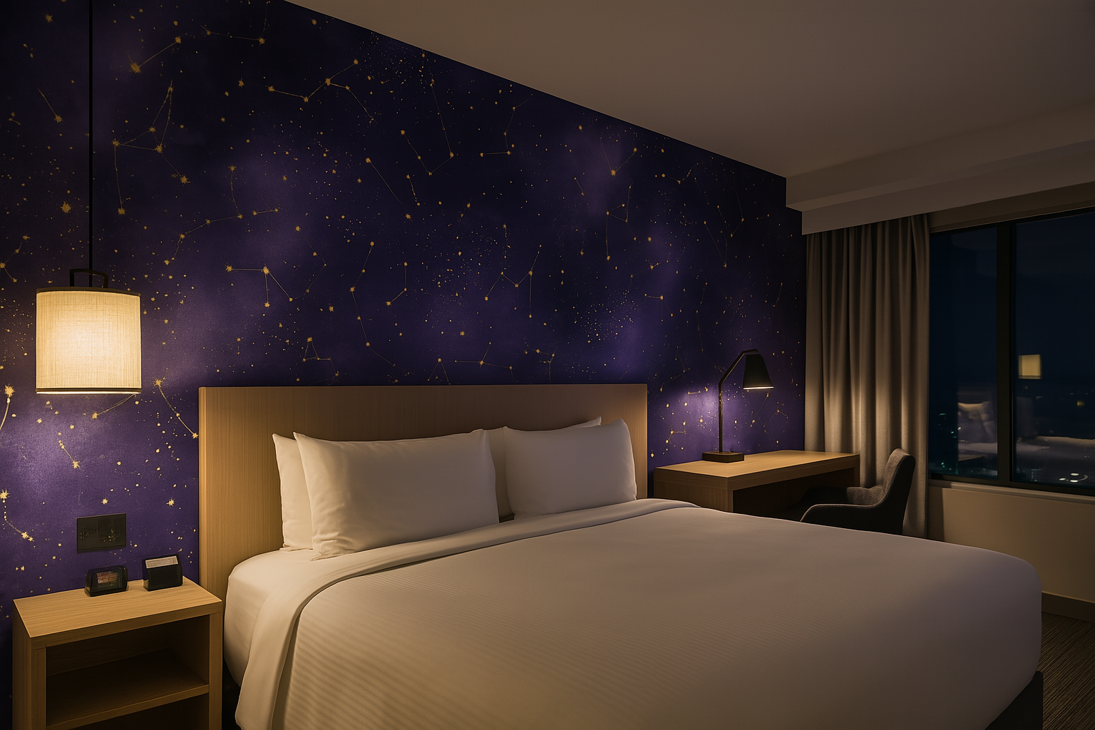 Starspell Wallpaper with a purple and gold star pattern on the wall.
