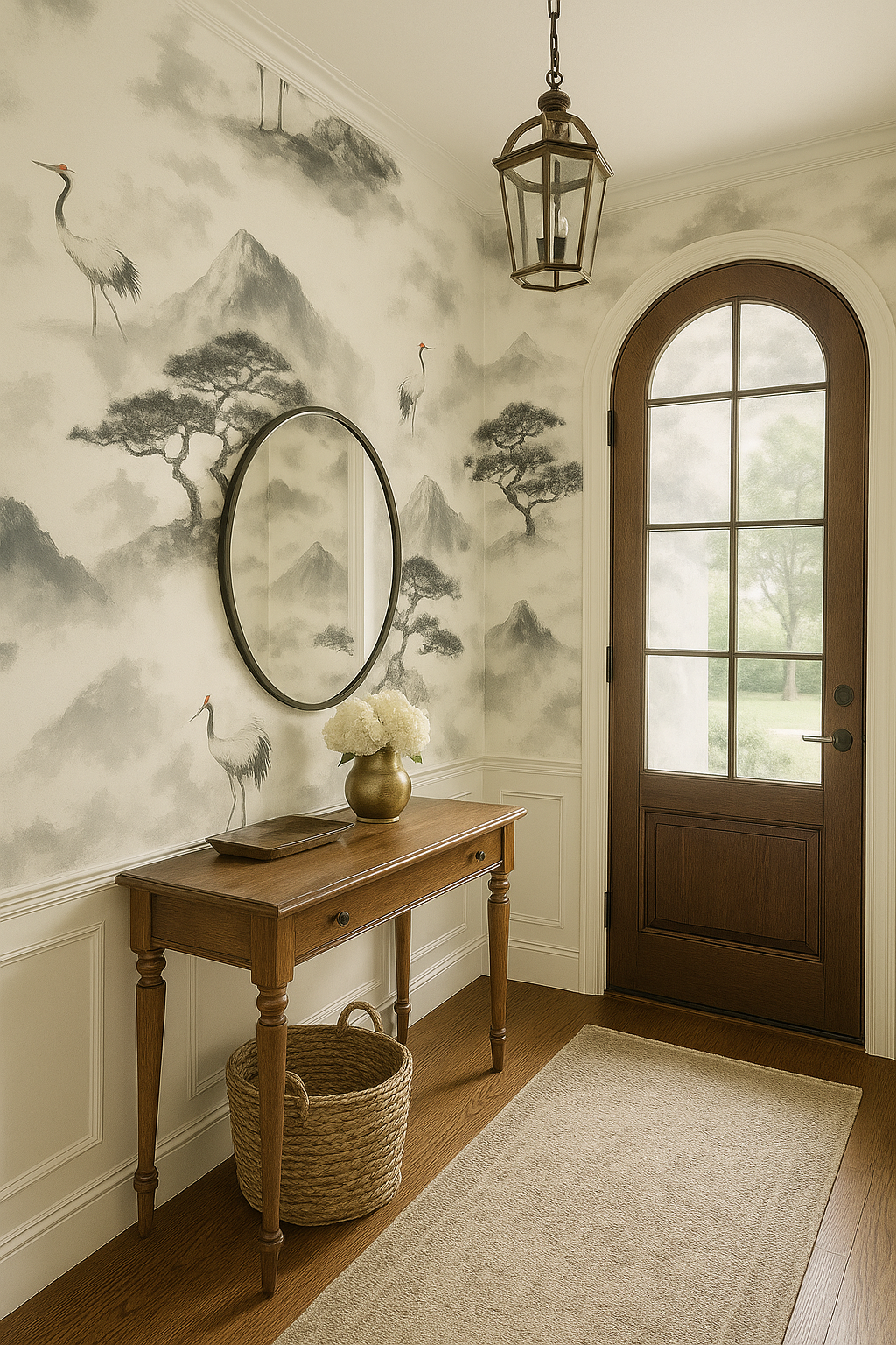 Zen Summit wallpaper with misty mountains and crane pattern, set in a decorative hallway.