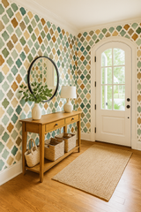 Kasbah Dust wallpaper with geometric pattern, by Brewster Home Fashions, in earth tones and with a hand painted effect.
