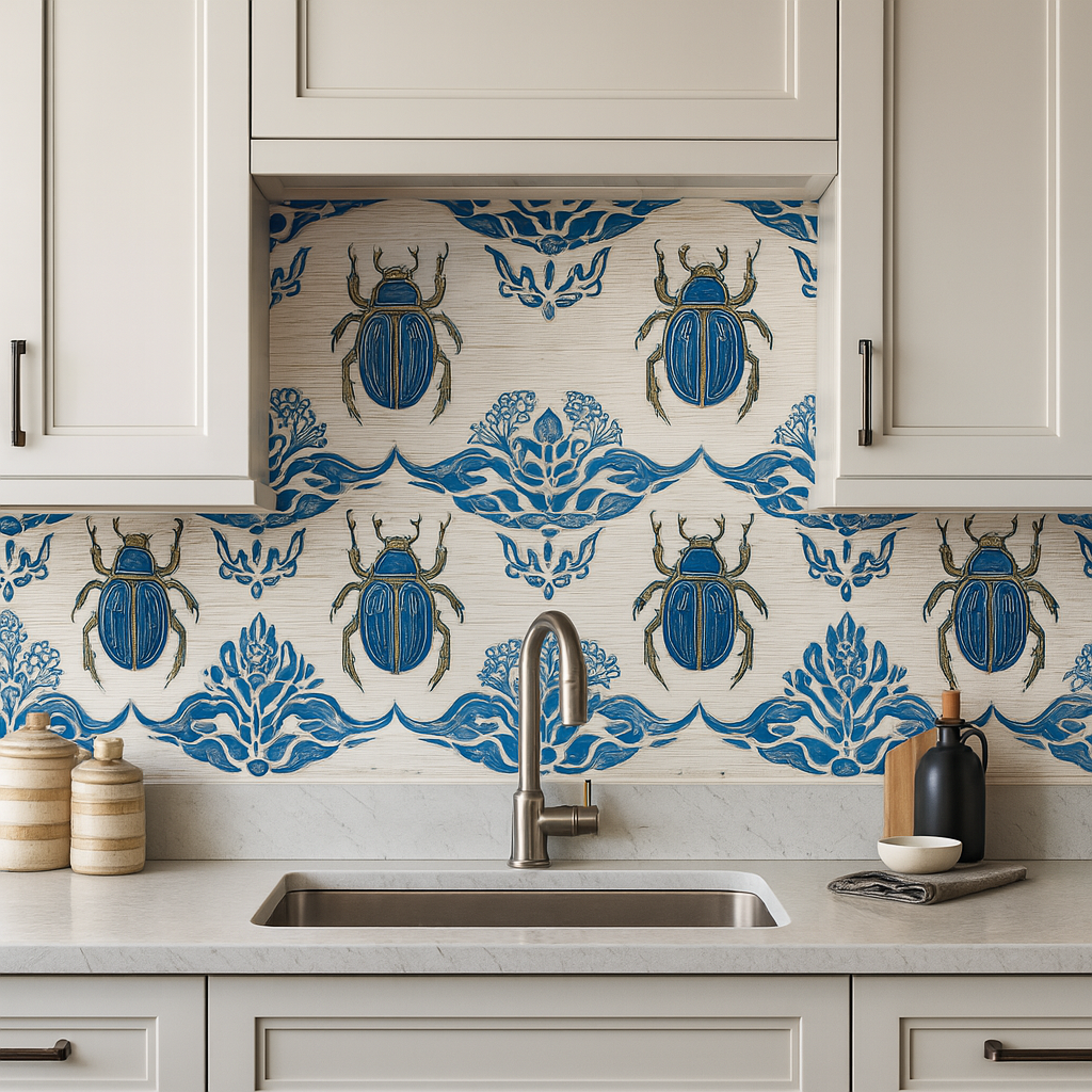 Scarab and silk wallpaper with a blue beetle pattern on a white textured background.
