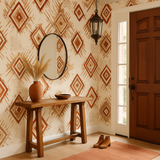 Clay diamond weave wallpaper with geometric pattern, displayed in a hallway setting with a wooden table and decorative elements.

