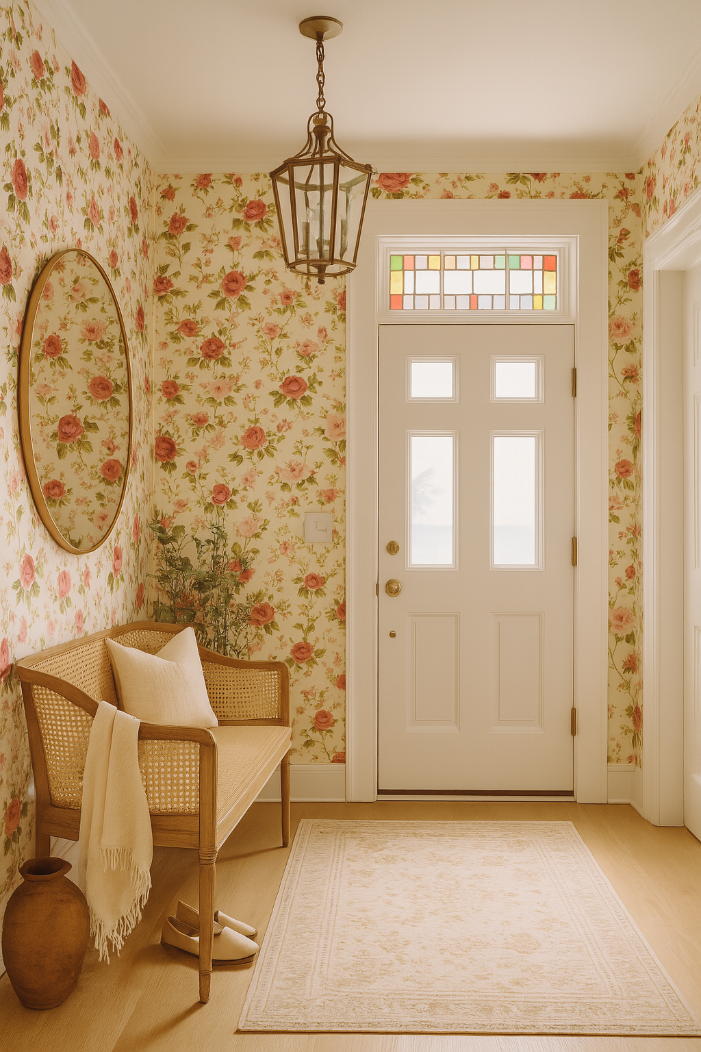 Rosewood Cottage Wallpaper with red rose floral pattern on a cream background.