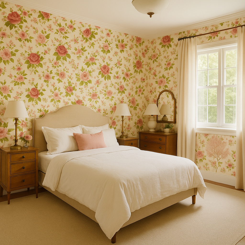 Floral rosewood cottage wallpaper with a rose pattern covering the walls.