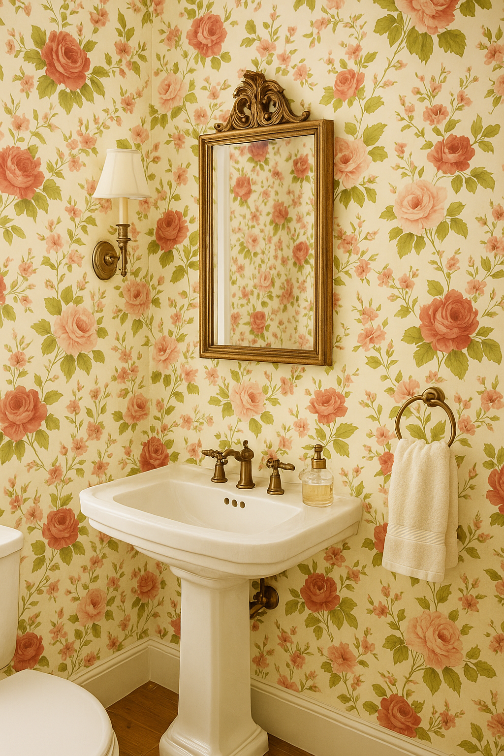 Rosewood Cottage Wallpaper with a pink rose floral pattern on a yellow background.