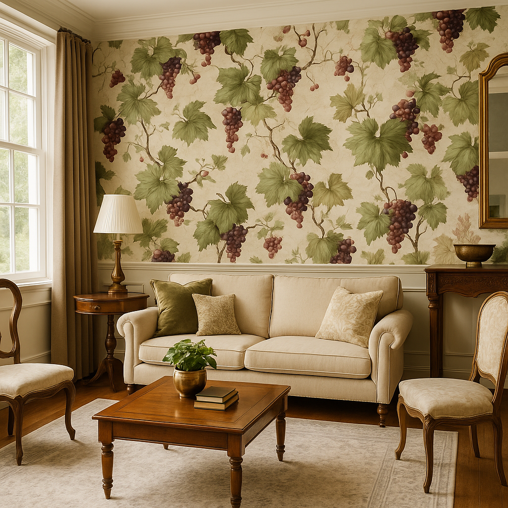 Vineyard Reverie Wallpaper with grape and vine pattern, covering the entire wall.