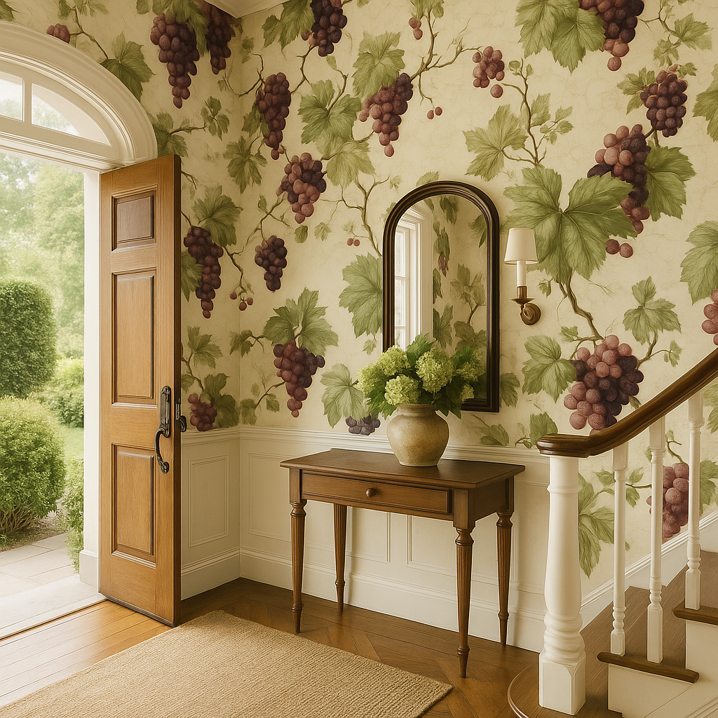 Vineyard Reverie Wallpaper with grape vine pattern and green leaves on a beige background.
