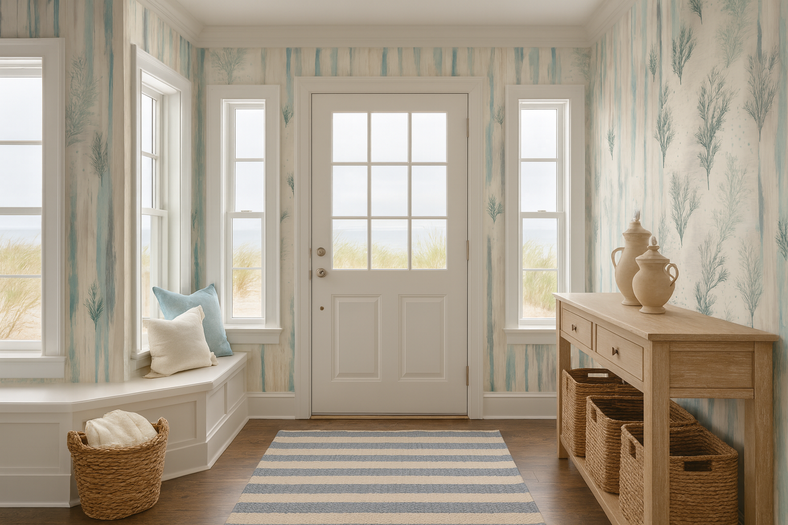 Botanical pattern wallpaper with sketch detail by Wintergreen, in blue and neutral vertical stripes.
