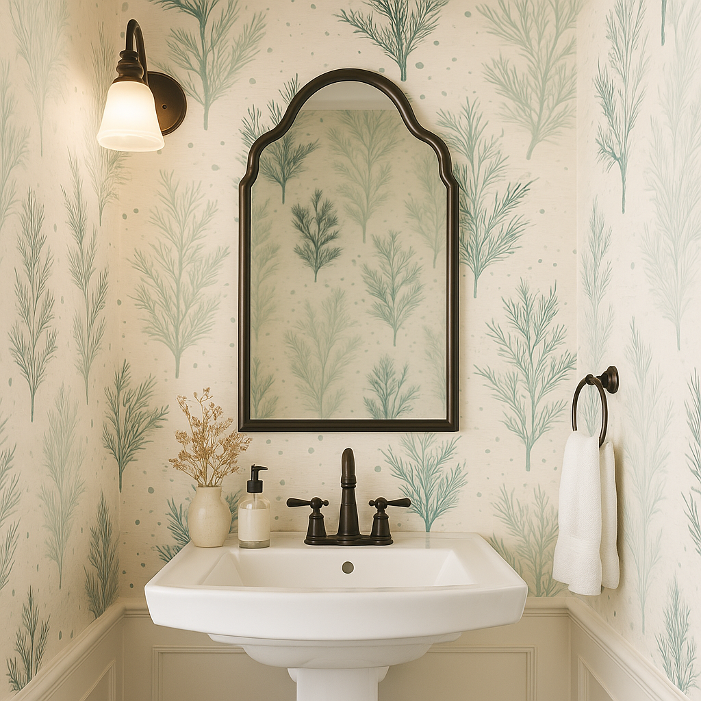 Botanical wintergreen sketch wallpaper with branch pattern, visible in the mirror.
