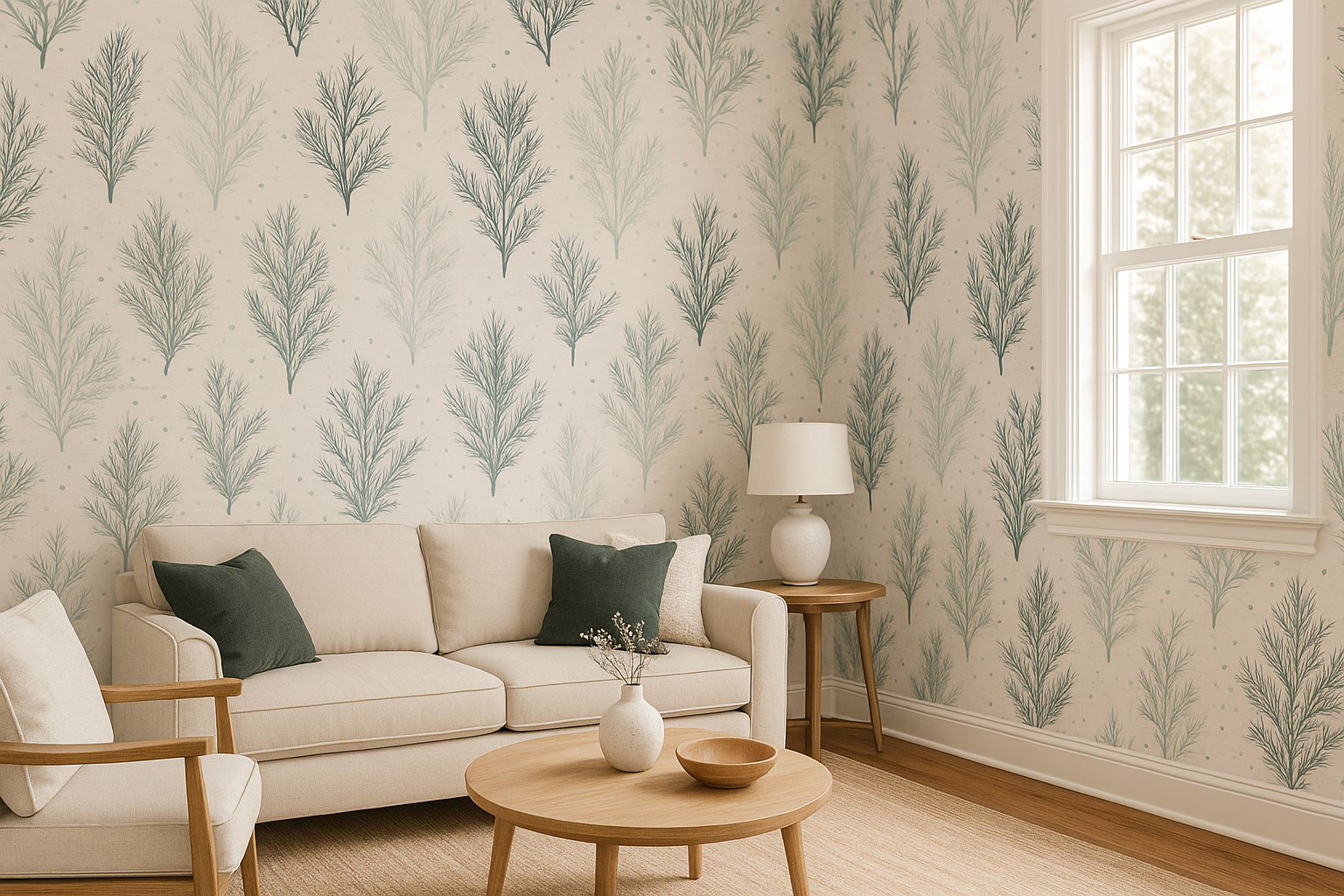 Wintergreen wallpaper with a sketch pattern, textured background, and green tree accents.