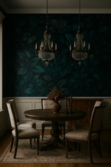 Midnight Botanica wallpaper with a leaf pattern against a dark background.