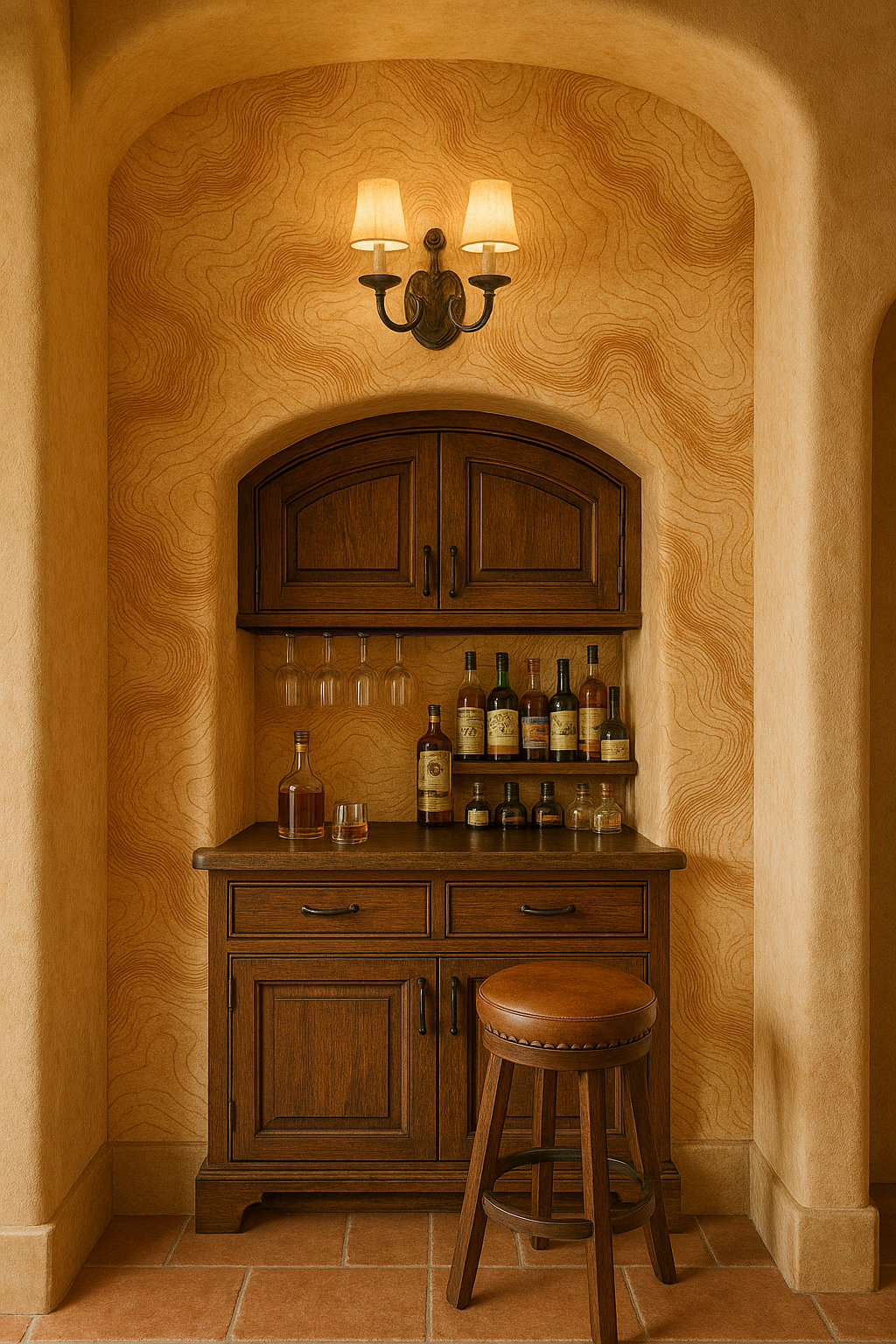 Copper terrain wallpaper with topographical design, covering the arch wall behind a wooden bar.
