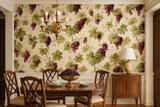 Vineyard Reverie Wallpaper with grape and leaf pattern in a traditional dining room setting.

