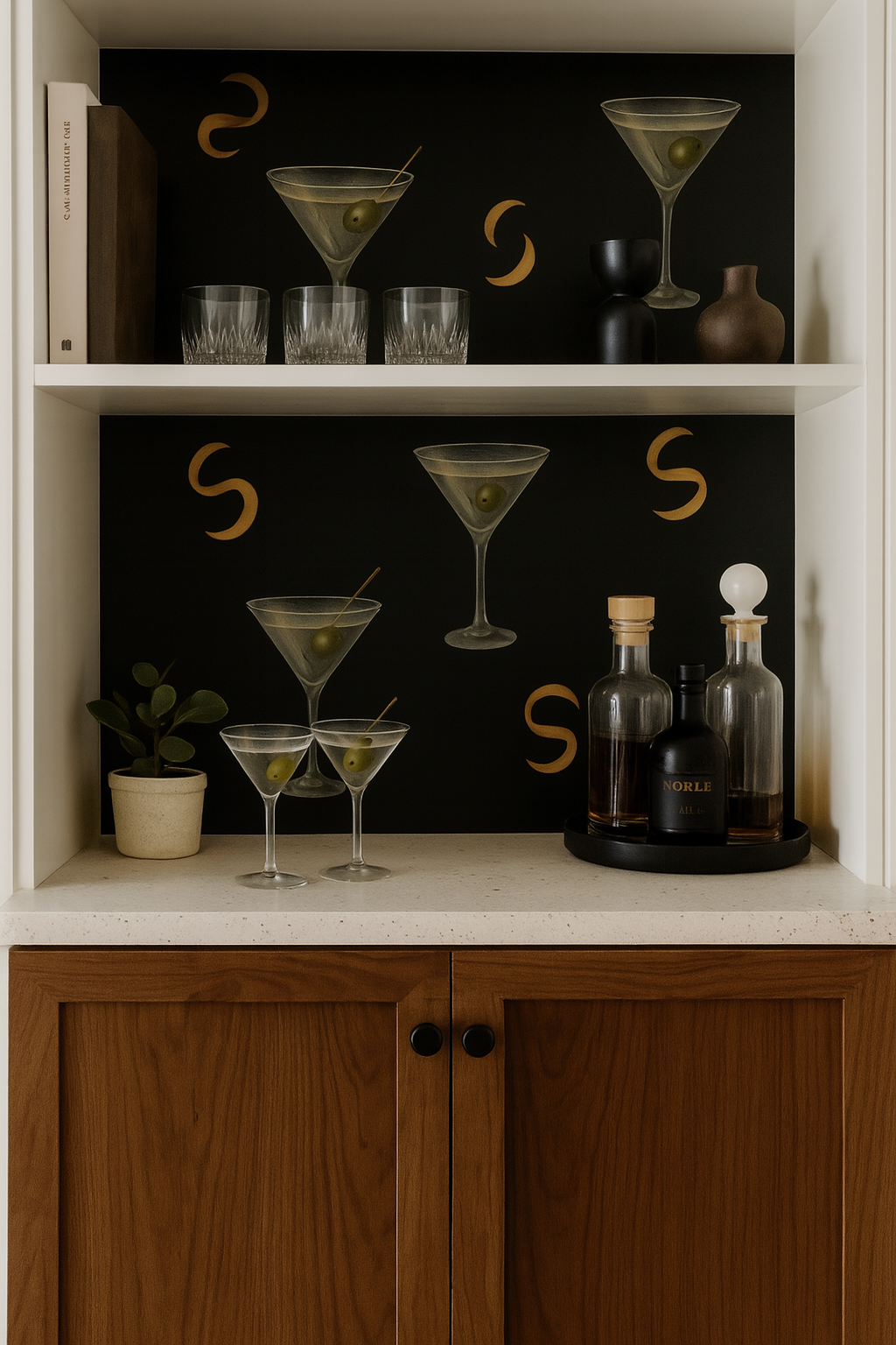 Dirty Martini wallpaper with a black background, martini glass illustrations, and gold crescents.
