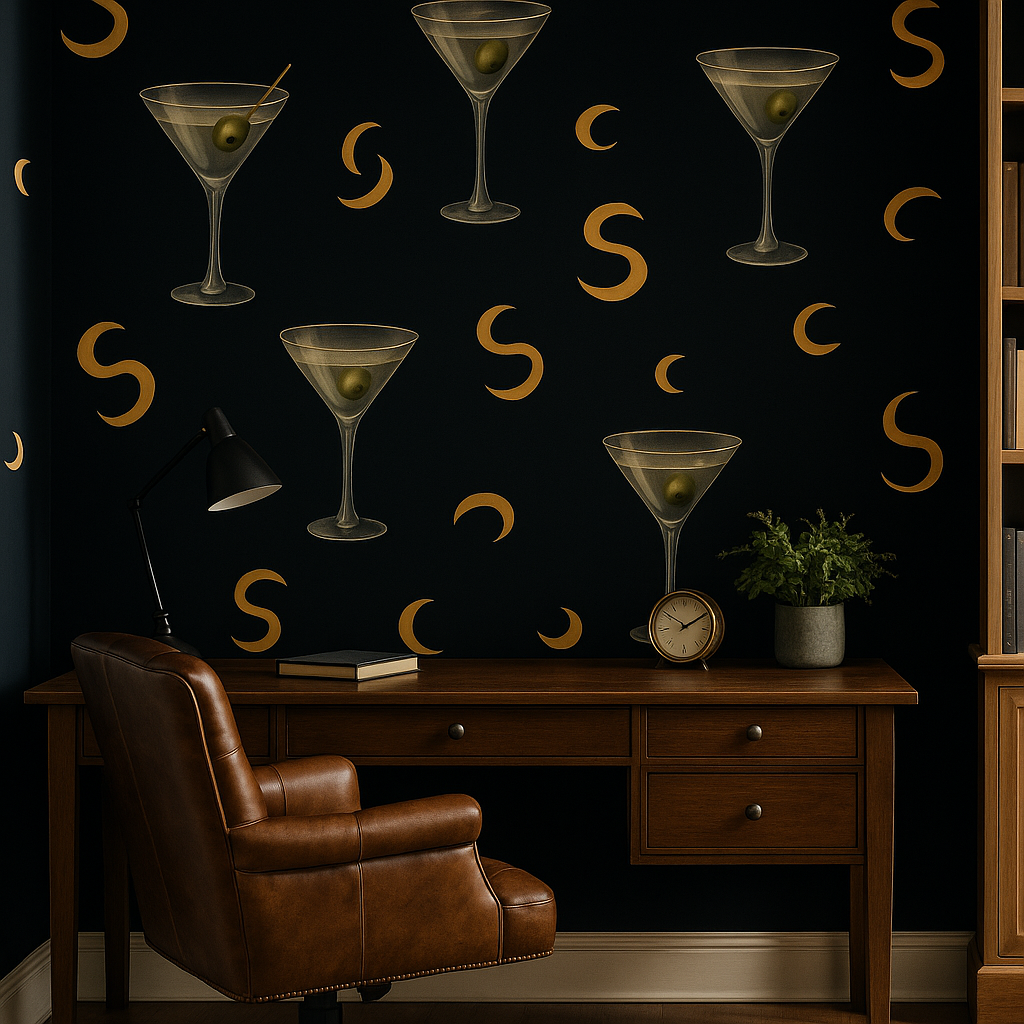 Dirty Martini Wallpaper with cocktail glass and crescent moon pattern.
