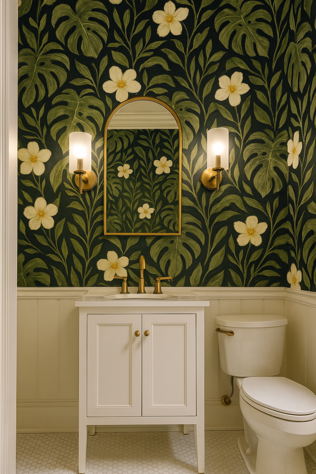 Monstera Noire wallpaper with a tropical foliage pattern, featuring leaves and flowers, against a dark background.
