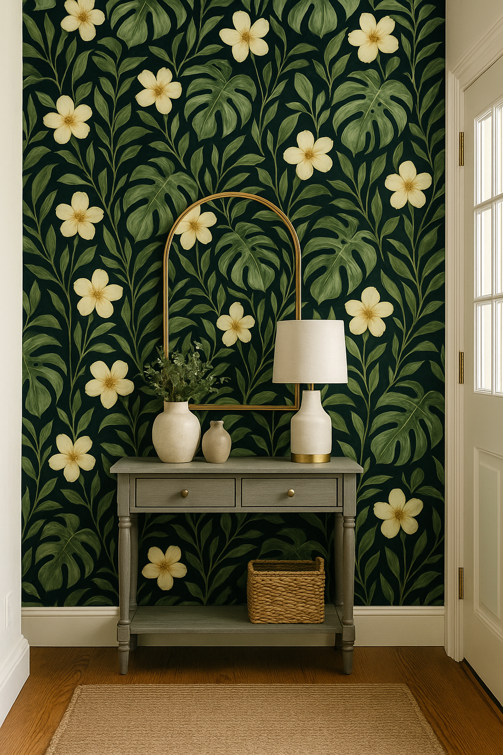 Monstera Noire Wallpaper featuring a dark floral and monstera leaf pattern.
