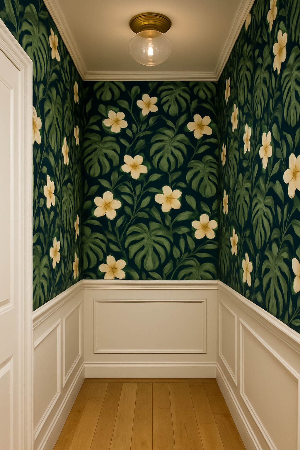Monstera Noire Wallpaper featuring tropical leaves and floral pattern in a small room setting.
