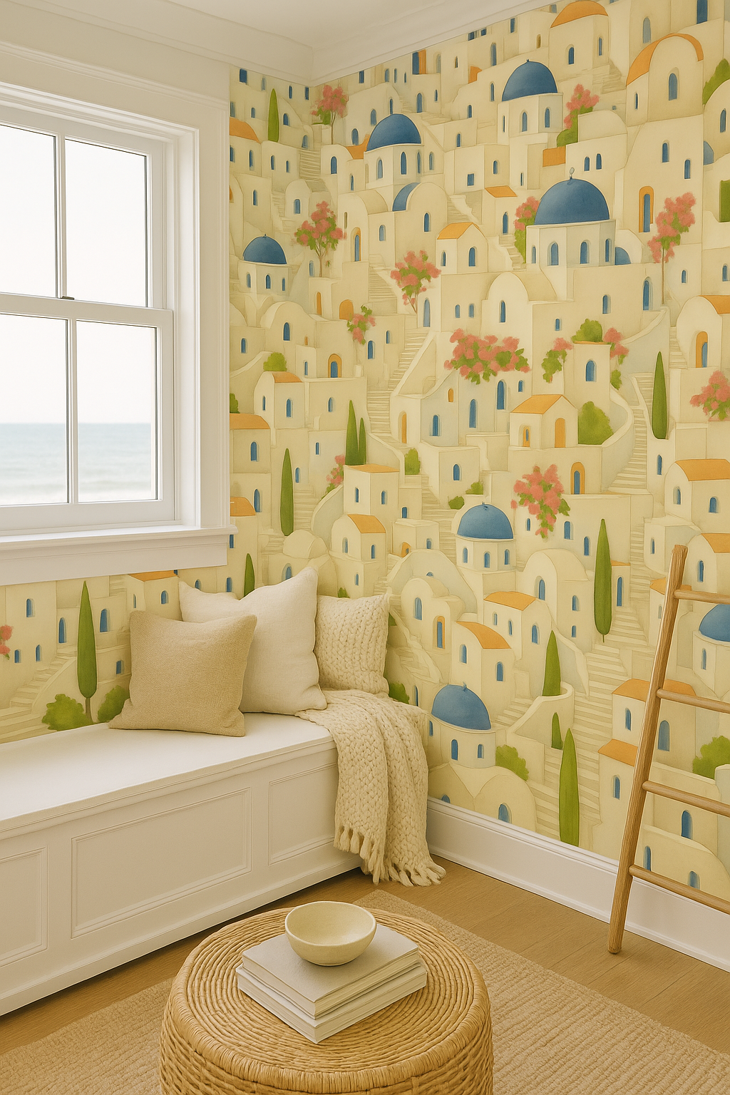 Santorini Steps Wallpaper featuring a village pattern, by Wallshoppe, with white and blue buildings, greenery, and a staircase.
