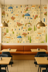 Santorini Steps Wallpaper featuring a picturesque village design, showcasing white buildings with blue accents and blooming trees.
