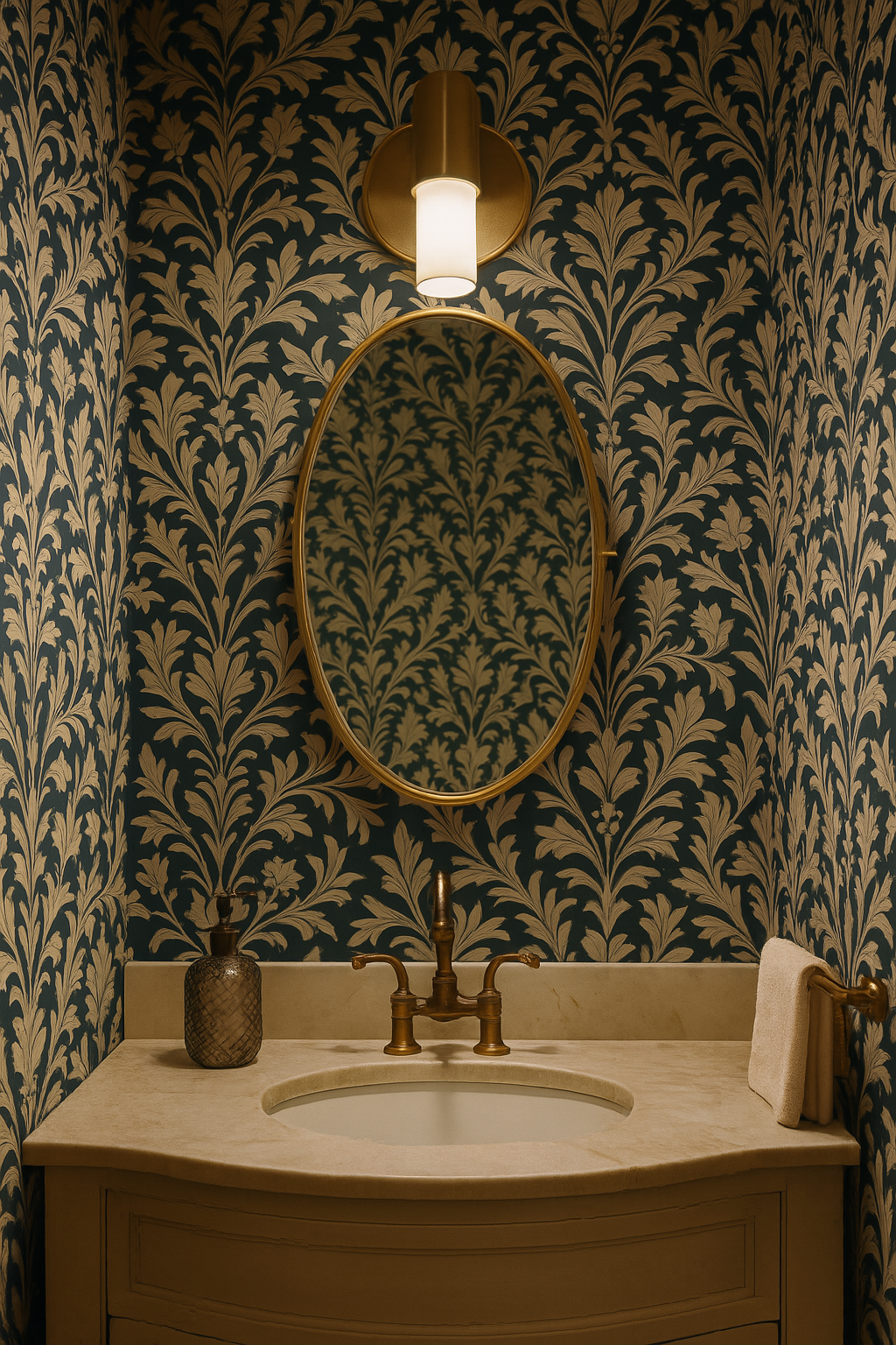 Patterned wallpaper with laurel design on teal background.
