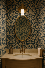 Patterned wallpaper with laurel design on teal background.
