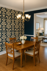 Noble Laurel wallpaper in blue and gold with a leaf pattern, creating a stylish backdrop.