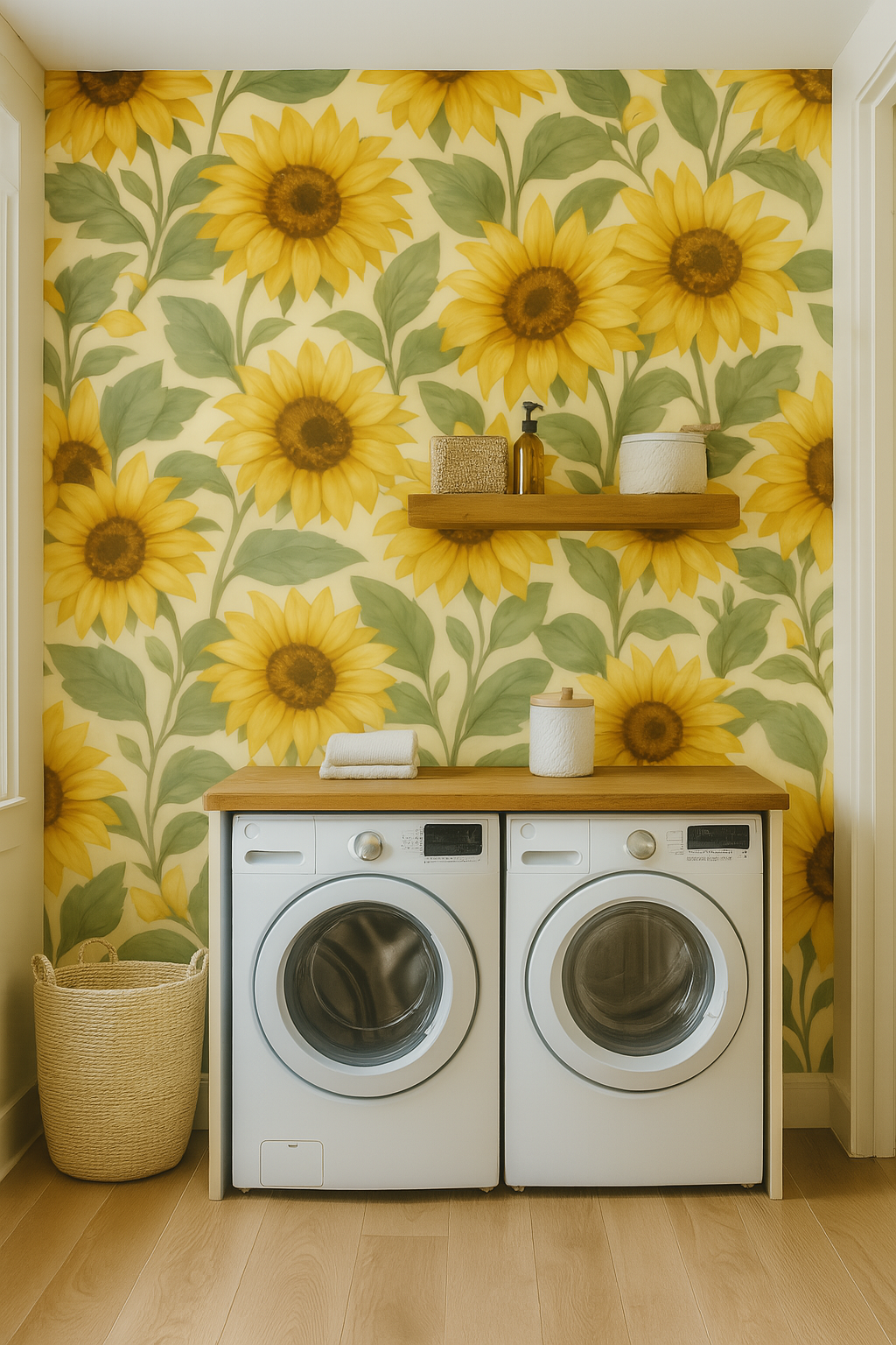 Sunflower pattern wallpaper with green leaves, over a laundry room with white appliances.