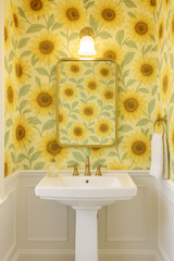 Solstice Bloom Wallpaper with a yellow sunflower pattern covering the walls.