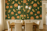 Birdsong Manor Wallpaper with bird and flower pattern on green background.
