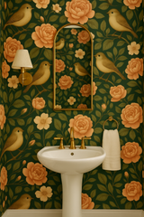Birdsong Manor wallpaper featuring a bird and flower pattern on a green background.
