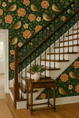 Birdsong Manor Wallpaper with a bird and floral pattern on a green background.
