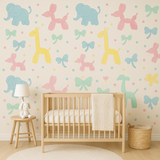 Balloon menagerie wallpaper with pastel animal pattern, including elephants and giraffes.
