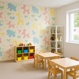 Balloon Menagerie Wallpaper featuring elephants, giraffes, and dogs in pastel colors.
