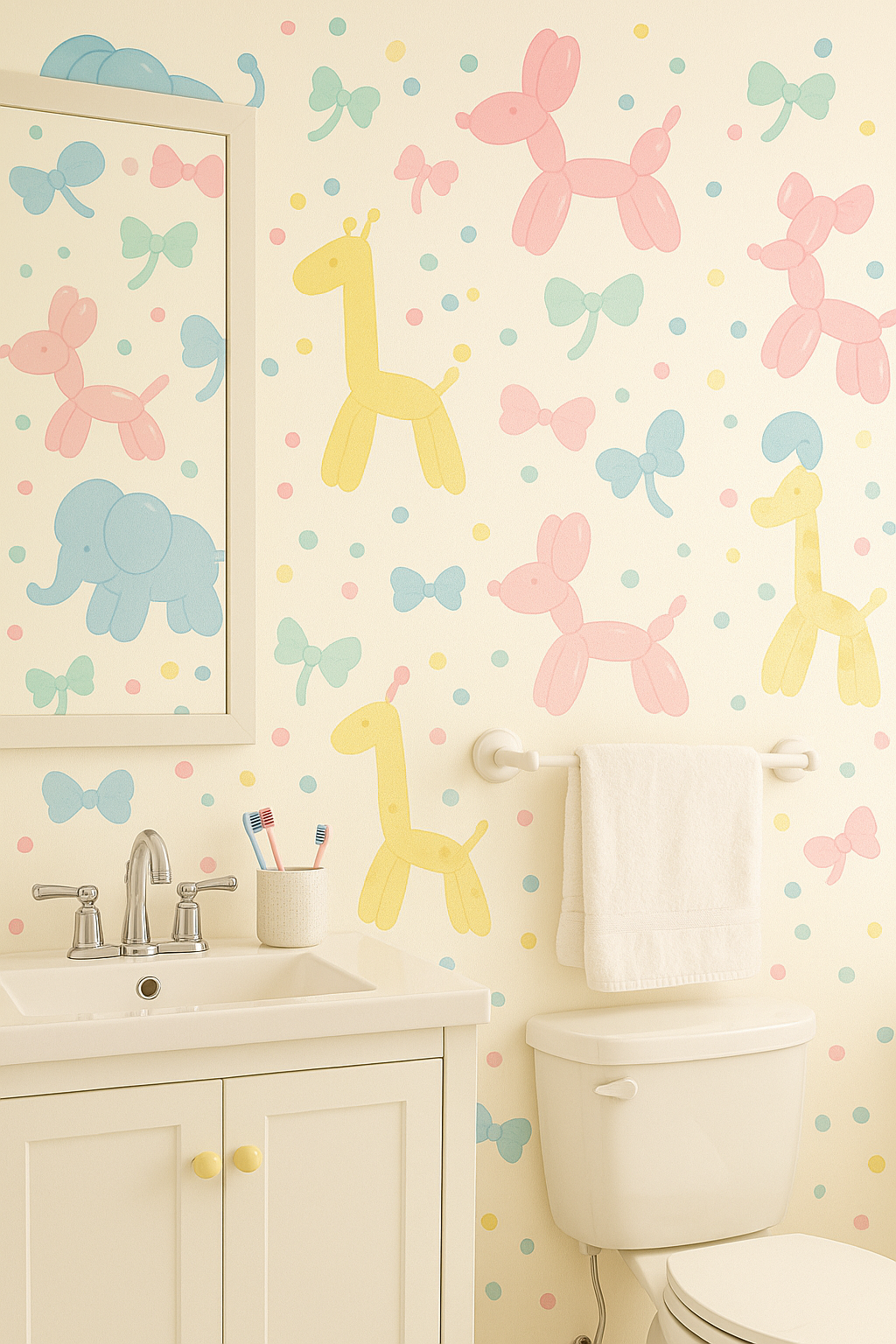 Balloon Menagerie Wallpaper with animal and bow pattern details.
