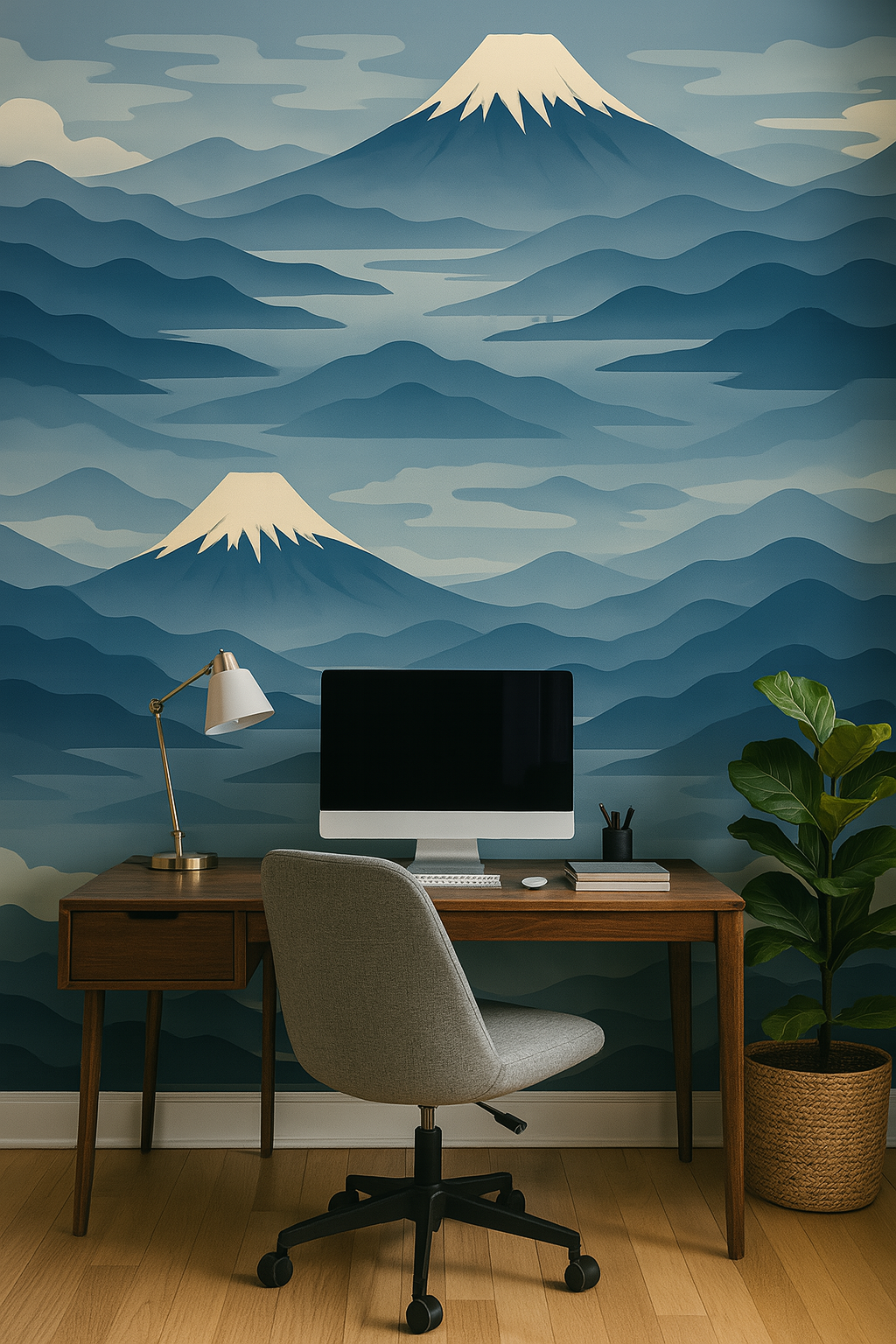 Alpine Drift Wallpaper with a mountain scene background featuring blue hues and snowy peaks.
